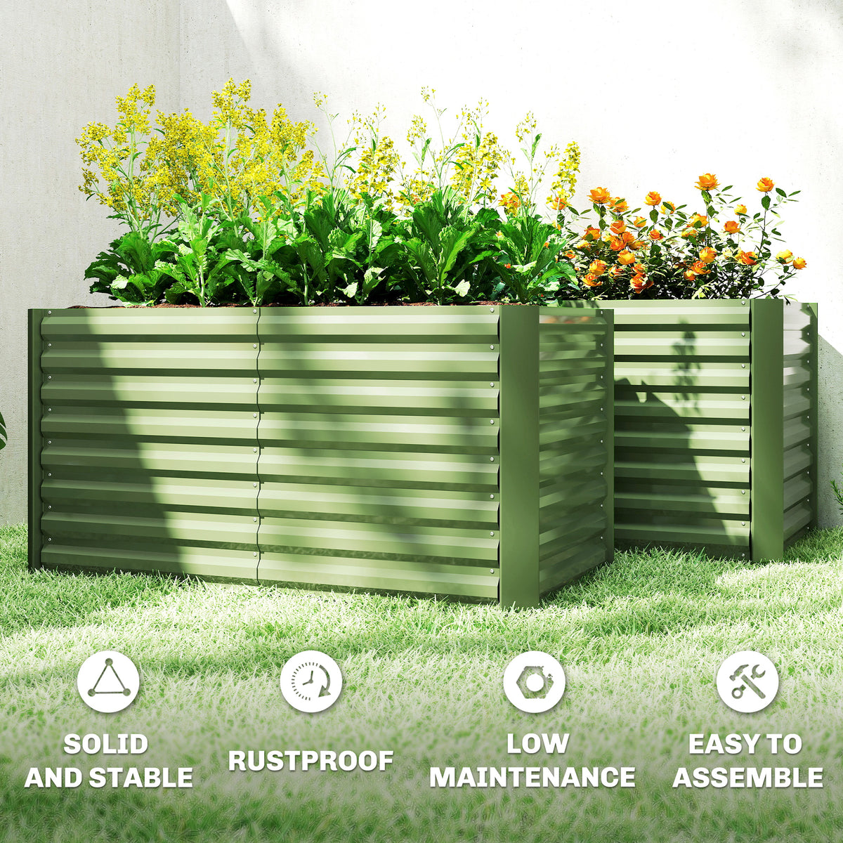 Set of 2 Galvanized Metal Planters for Outdoor Plants, 4' x 2' x 2' Raised Garden Bed, Light Green