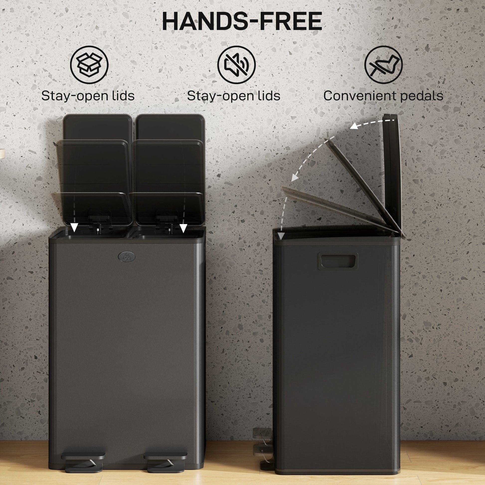 Garbage Bin, Soft-Close Trash Can with Foot Pedal, 2x7.4 Gal (2x28 L) Garbage Can with Removable Inner Buckets, SBlack