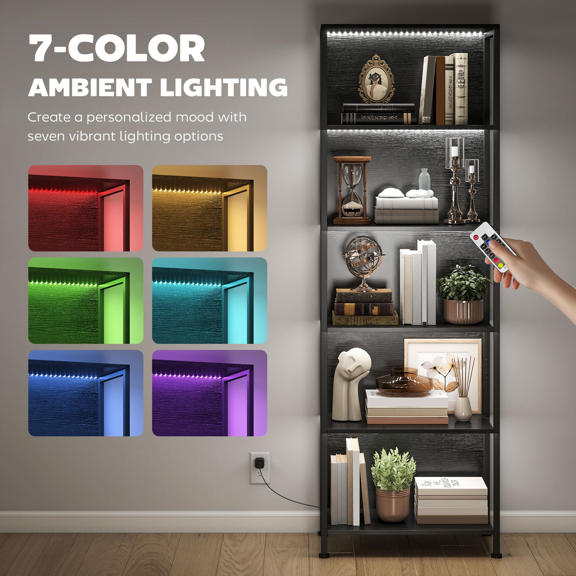 5-Tier Bookshelf, Freestanding Bookcase with LED Lights and Metal Frame for Living Room, Bedroom, Home Office, Black