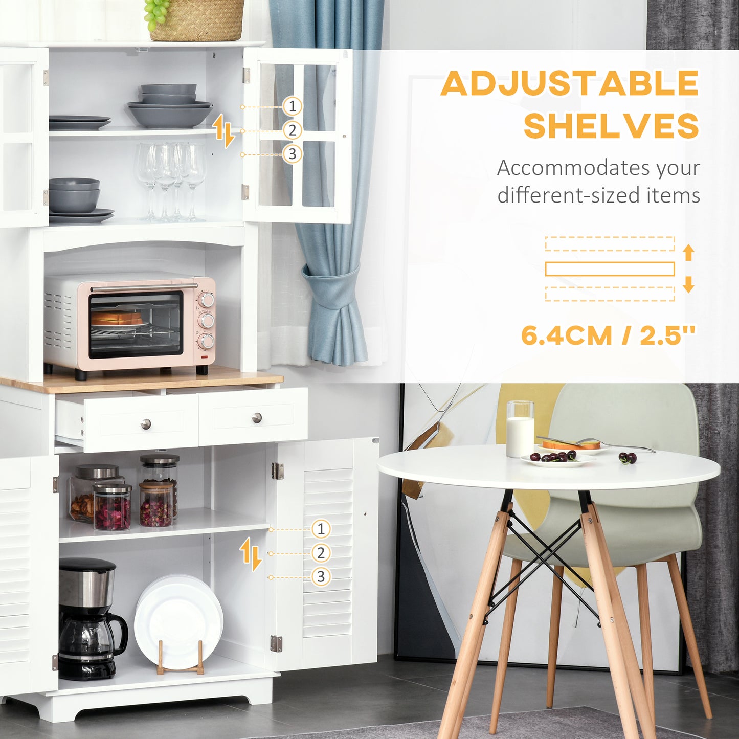 Coastal Style Kitchen Buffet and Hutch Wooden Storage Cupboard with Framed Glass Door LouveredCabinet  Drawers Microwave