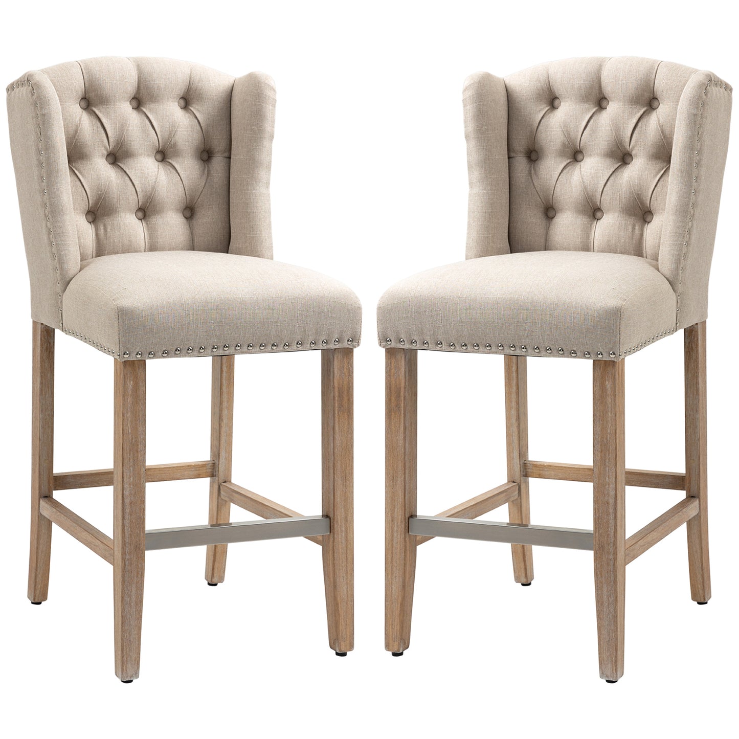Counter Height Bar Stools Set of 2, Upholstered Bar Chairs with Nailhead Backrest and Footrest, Modern Barstools for Kit