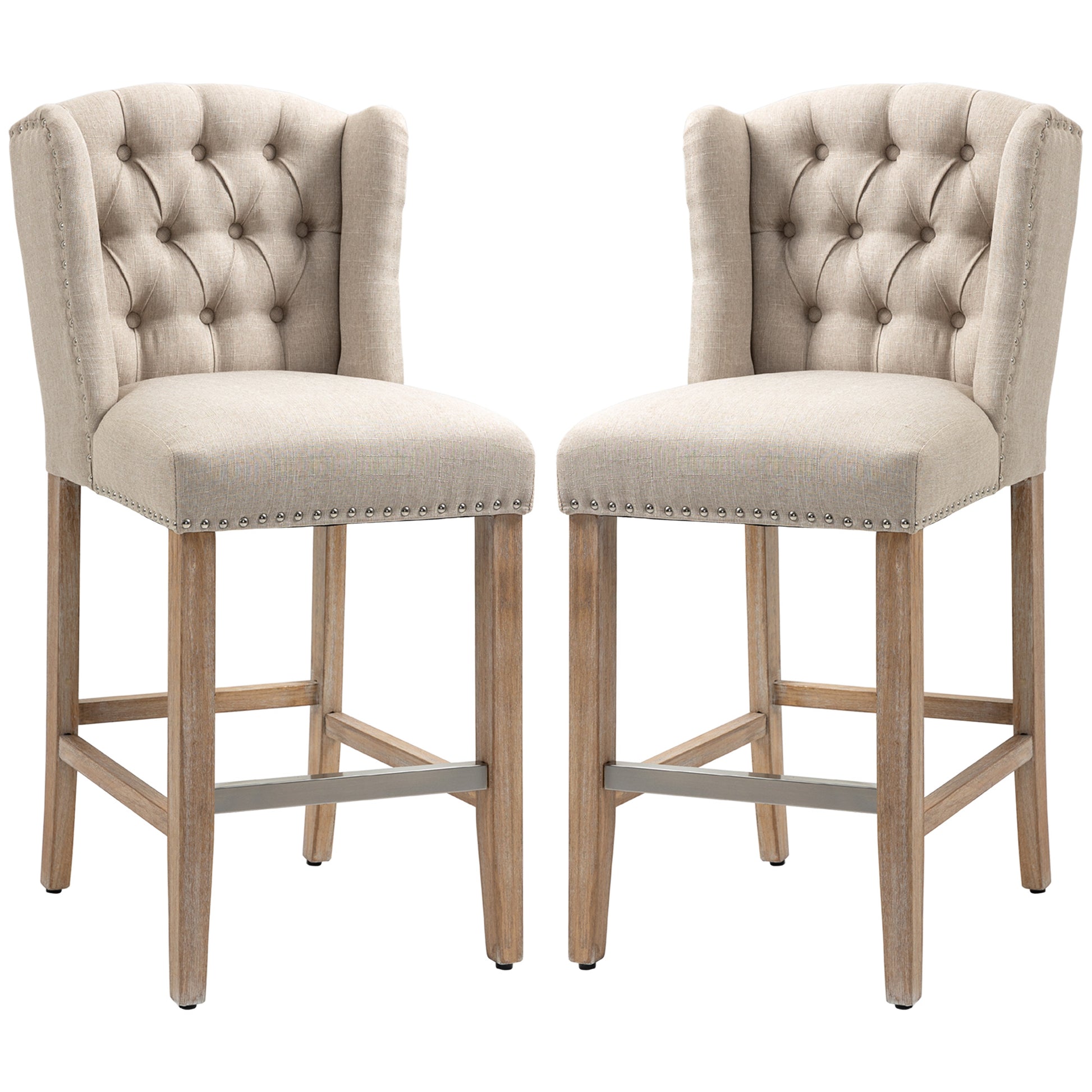Counter Height Bar Stools Set of 2, Upholstered Bar Chairs with Nailhead Backrest and Footrest, Modern Barstools for Kit