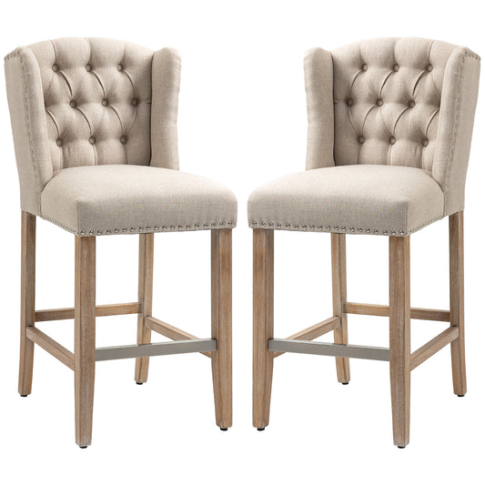 Counter Height Bar Stools Set of 2, Upholstered Bar Chairs with Nailhead Backrest and Footrest, Modern Barstools for Kit