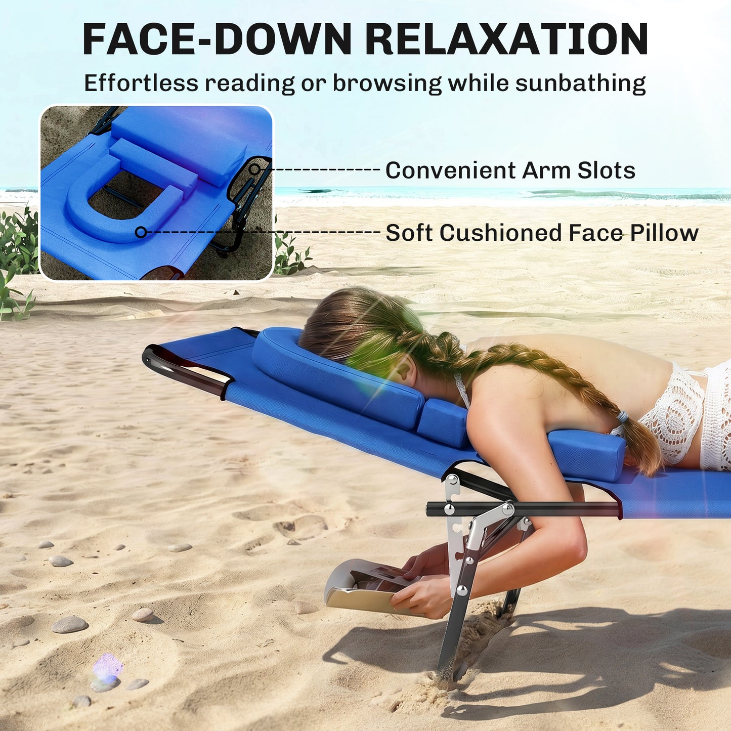 Folding Chaise Lounge Chair, Reclining Beach Tanning Chair with Face Hole, Pillow, 4-Position Adjustable Lay Flat Sun Lo