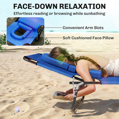 Folding Chaise Lounge Chair, Reclining Beach Tanning Chair with Face Hole, Pillow, 4-Position Adjustable Lay Flat Sun Lo