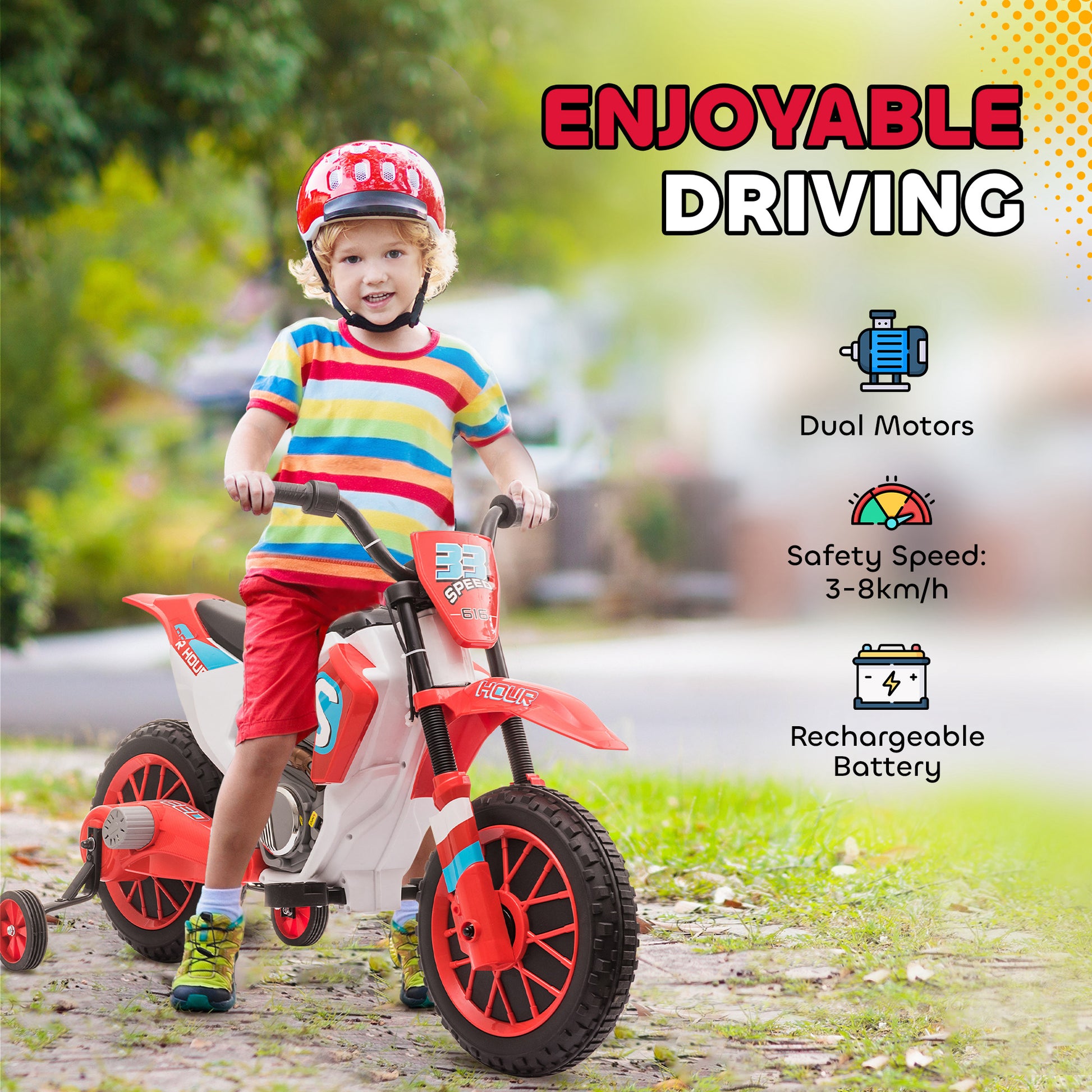 VarietyKart Kids Dirt Bike 12V Battery-Powered Ride-On Electric Motorcycle with Charging Battery, Training Wheels Red