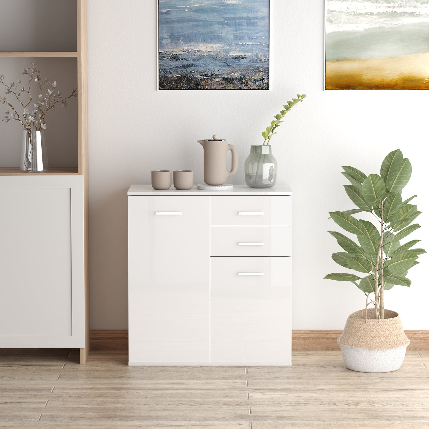 High Gloss Sideboard with 2 Drawers and 2 Doors, Buffet Cabinet with Adjustable Shelf, Coffee Bar Cabinet with Storage, 