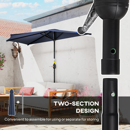 9.8ft Half Umbrella Semi Round Patio Parasol with Crank Handle, Top Vent for Garden, Balcony- NO BASE INCLUDED, Dark Blu