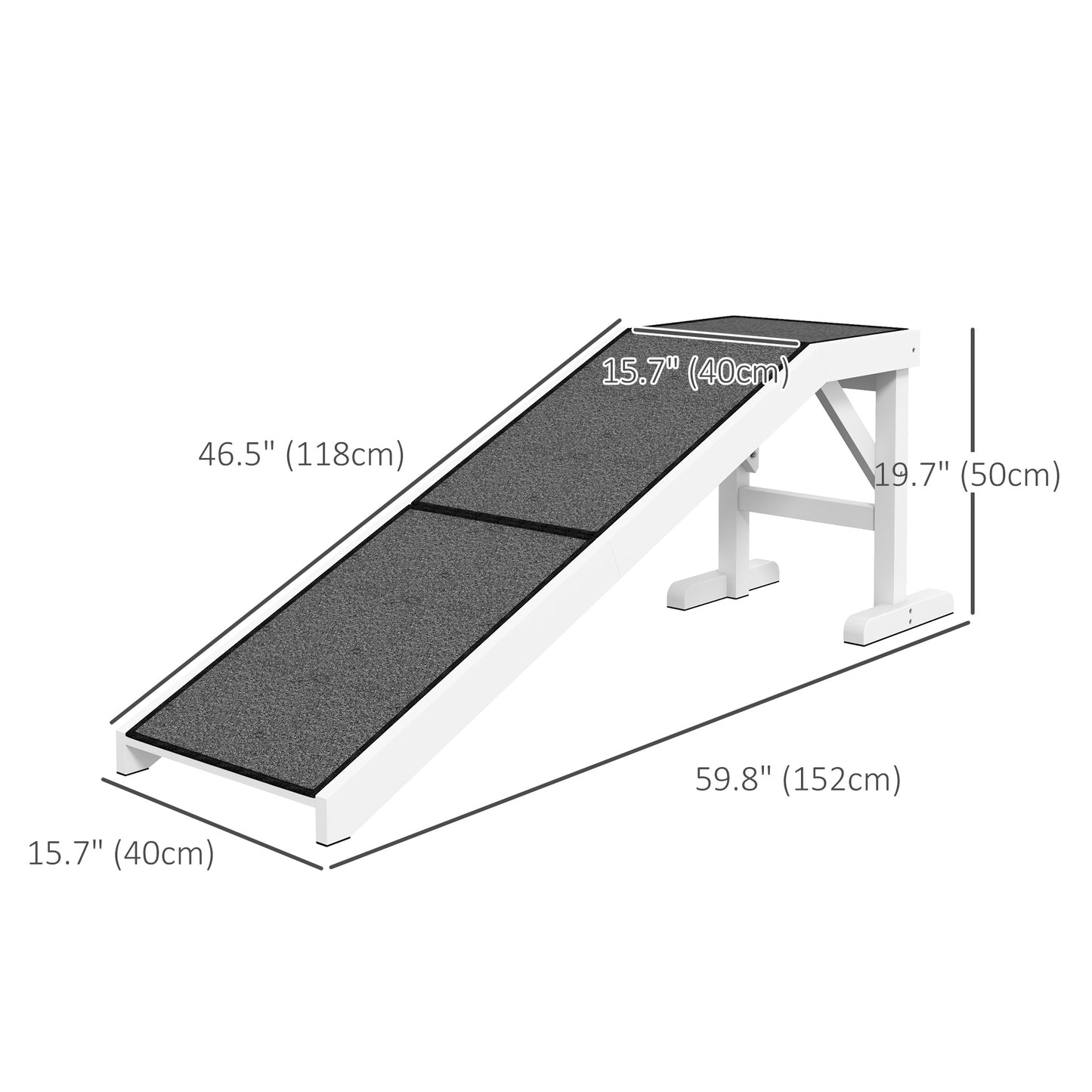 Pet Ramp Bed Steps for Dogs Cats Non-slip Carpet Top Platform Pine Wood 59"L x 16"W x 20"H White