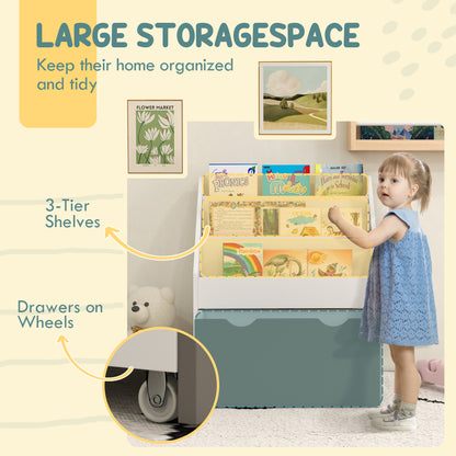 Qaba Kids Bookshelf with 3 Tier Display Shelves, Drawer for Nursery, Grey