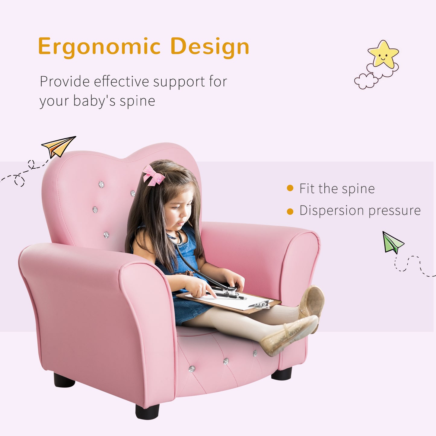 Qaba Kids Mini Princess Sofa Toddler Chair Children Upholstered Tufted Armchair Activity Couch Reclining Seat Boys Girls