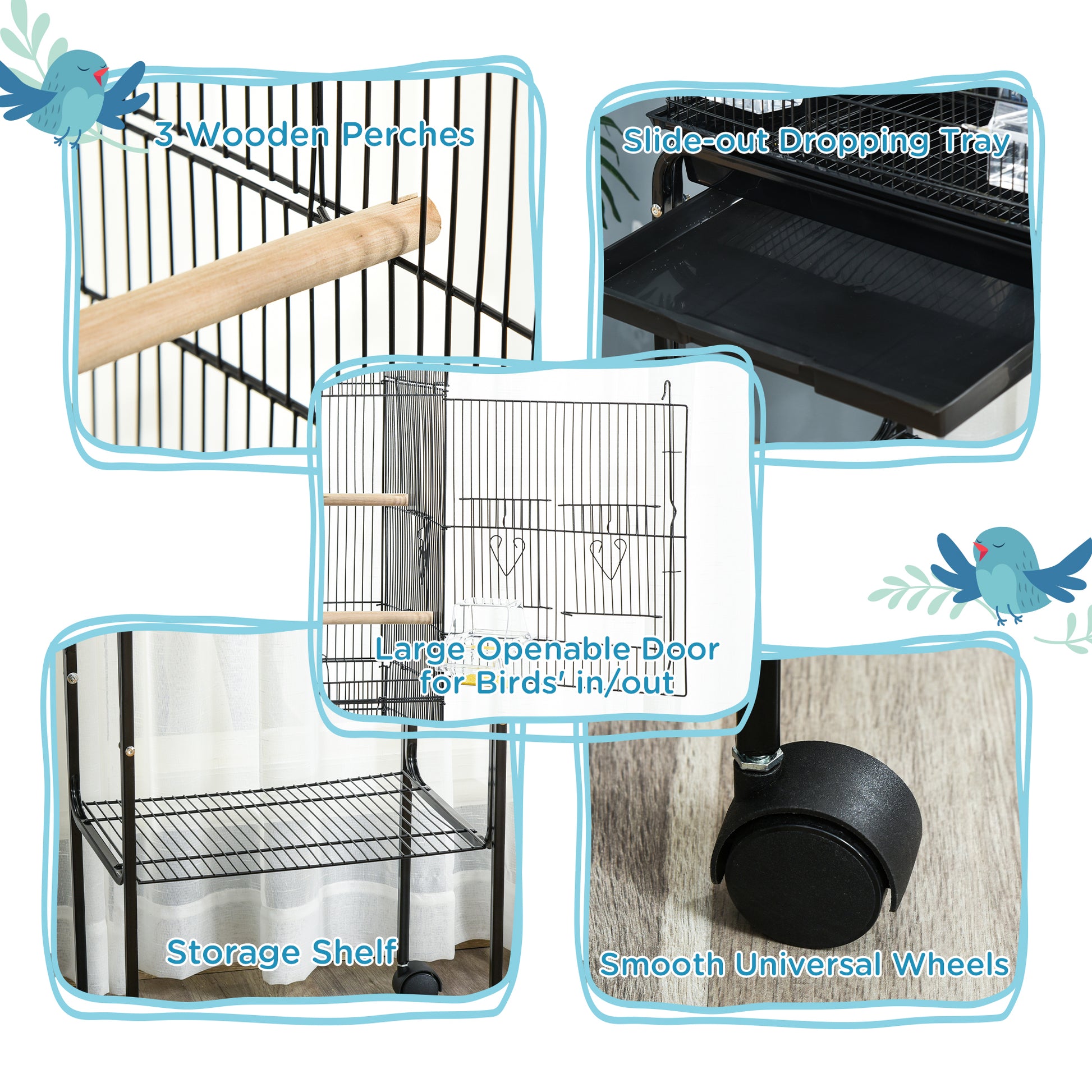 49" Rolling Bird Cage Cockatoo House Play Top Finch Pet Supply with Storage Shelf, Wheels - Black