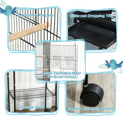49" Rolling Bird Cage Cockatoo House Play Top Finch Pet Supply with Storage Shelf, Wheels - Black