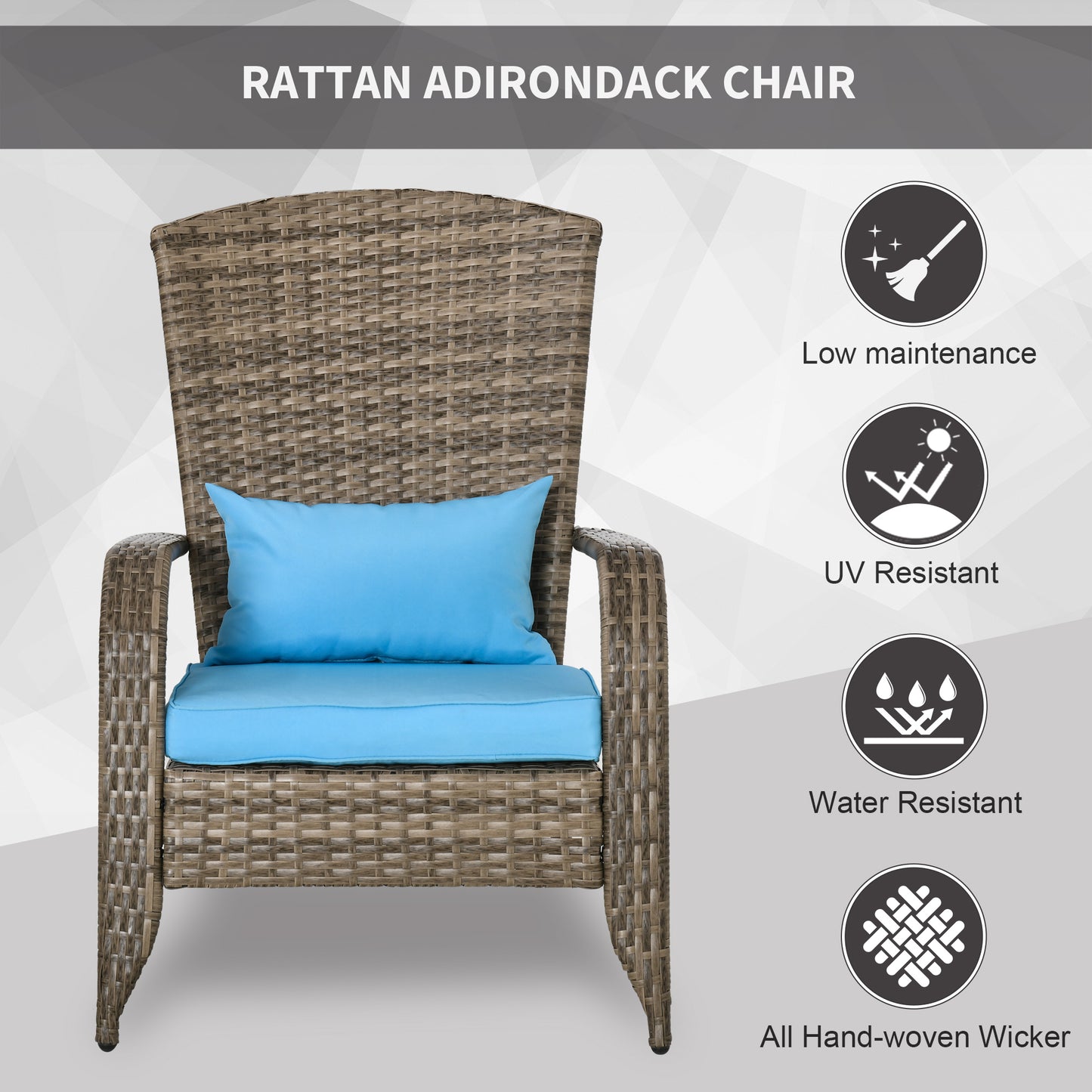 Patio Wicker Adirondack Chair, Outdoor PE Rattan Fire Pit Chair, Muskoka Chair w/ Soft Cushions, Tall Curved Backrest an