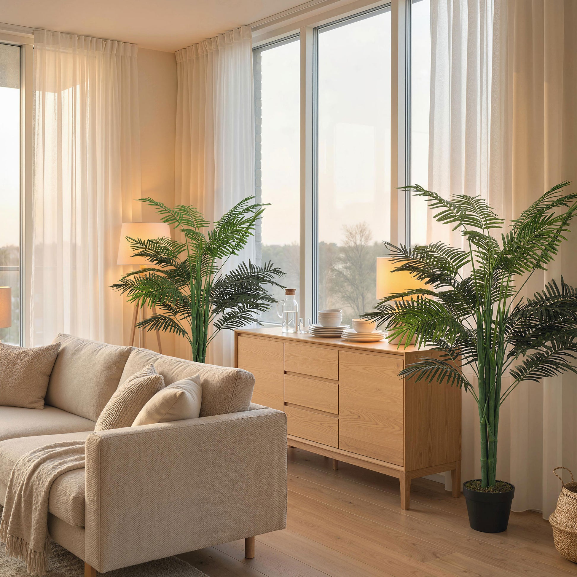 5FT Artificial Palm Tree Set of 2, Fake Tropical Tree with Lifelike Leaves, Faux Plant in Pot for Indoor Decoration, Gre