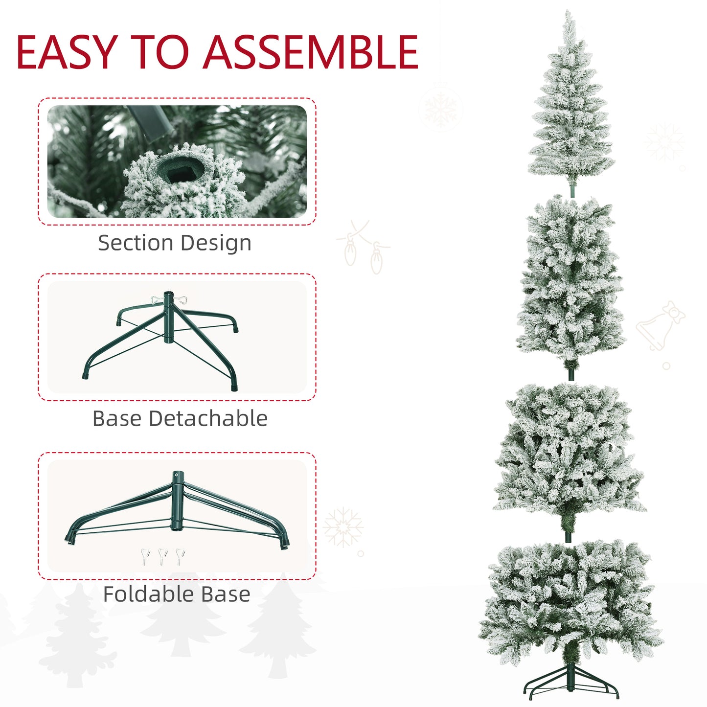 9ft Pencil Christmas Tree, Flocked Tree with 1277 Branch Tips and Metal Base for Home, Indoor, Holiday