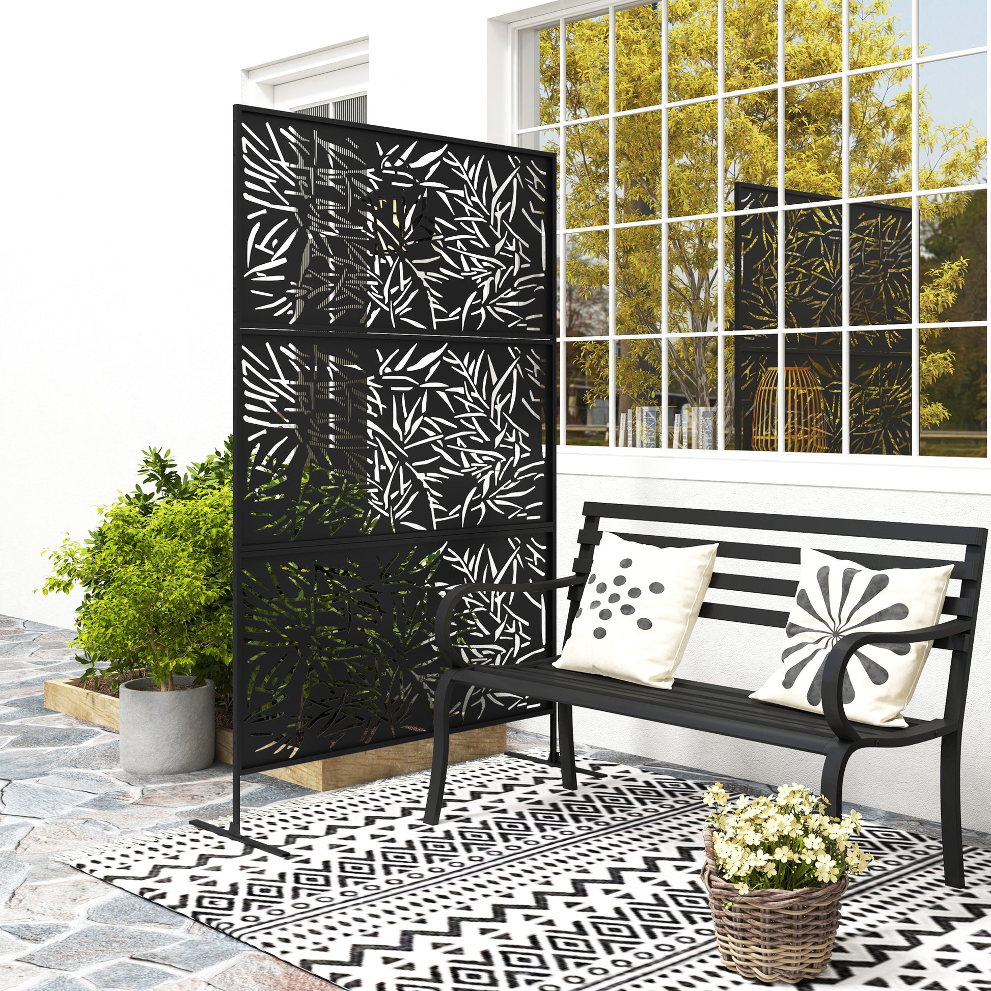 Metal Outdoor Privacy Screen, Freestanding Outdoor Divider with Stand, Decorative Privacy Panel, 78" x 48", Black