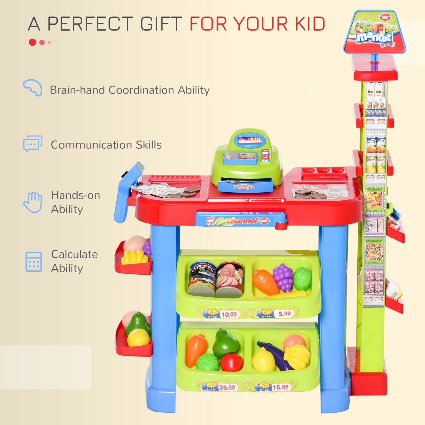 Qaba Kids Supermarket Playset with Cash Register – 50-Piece Grocery Store Pretend Play Toy with Checkout Counter for Boy
