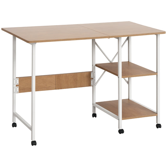Folding Computer Desk with Storage Shelves, Study Writing Table Laptop Desk with 6 Wheels for Bedroom Home Office Workst