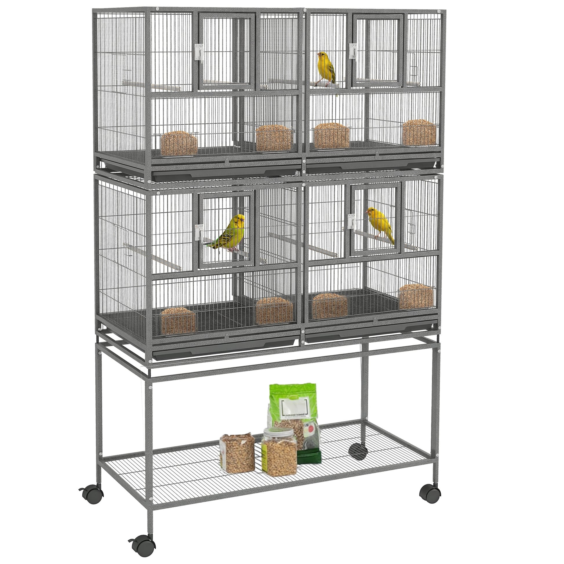 61"H Divided Breeder Bird Cage with Rolling Stand Removable Metal Tray, Storage Shelf, Wood Perch, and Food Container, D