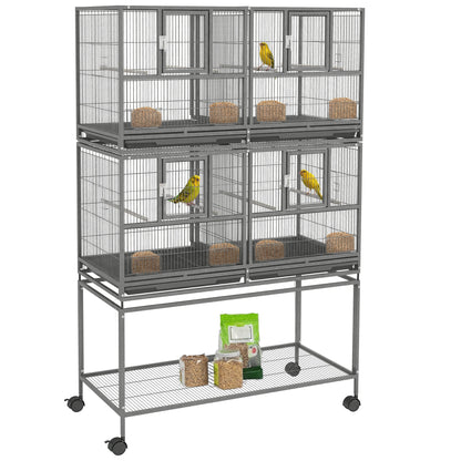 61"H Divided Breeder Bird Cage with Rolling Stand Removable Metal Tray, Storage Shelf, Wood Perch, and Food Container, D