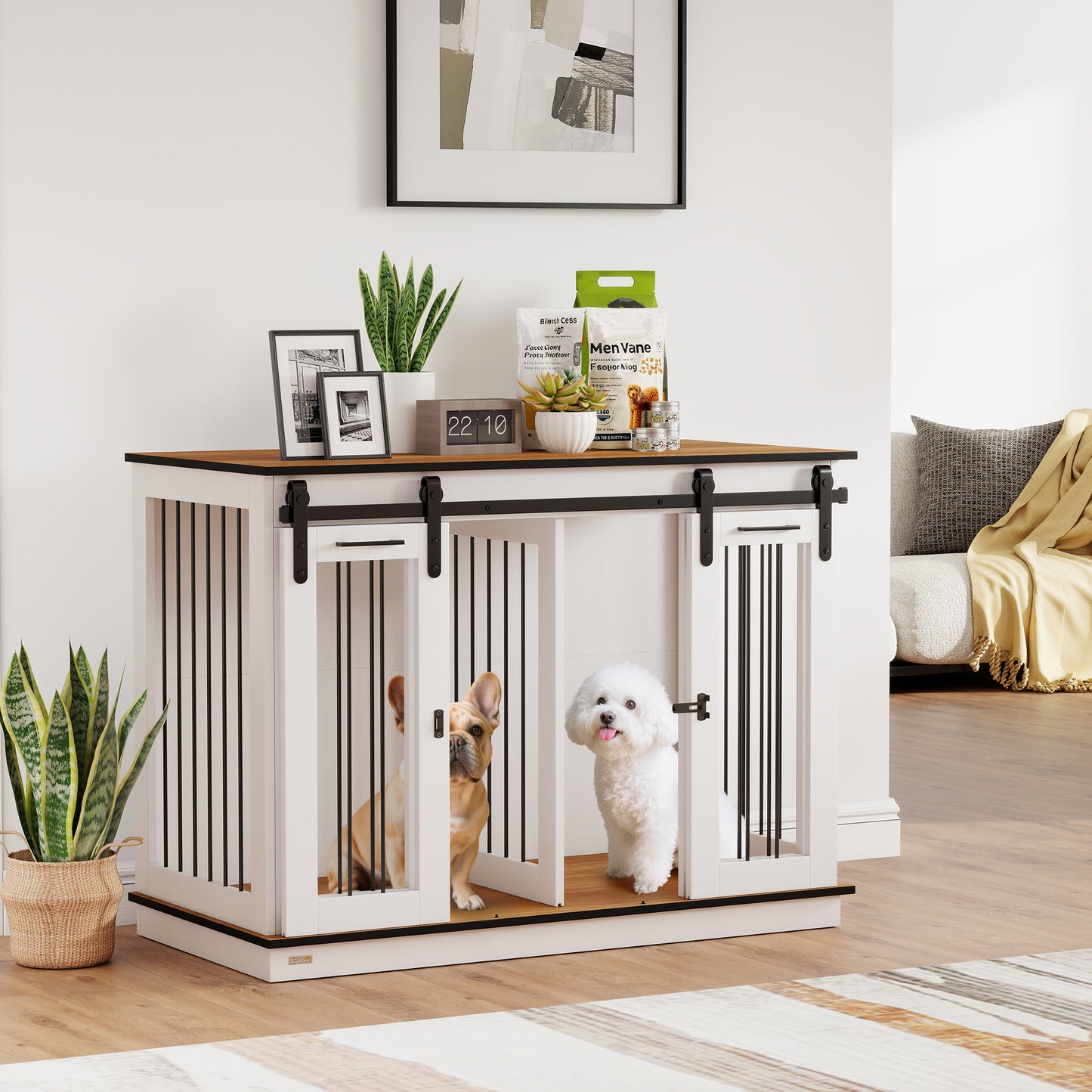 47in Dog Crate Furniture with Divider Panel, Wooden Dog Kennel TV Stand for Large Breeds, Pet House Side Table for 2 Sma