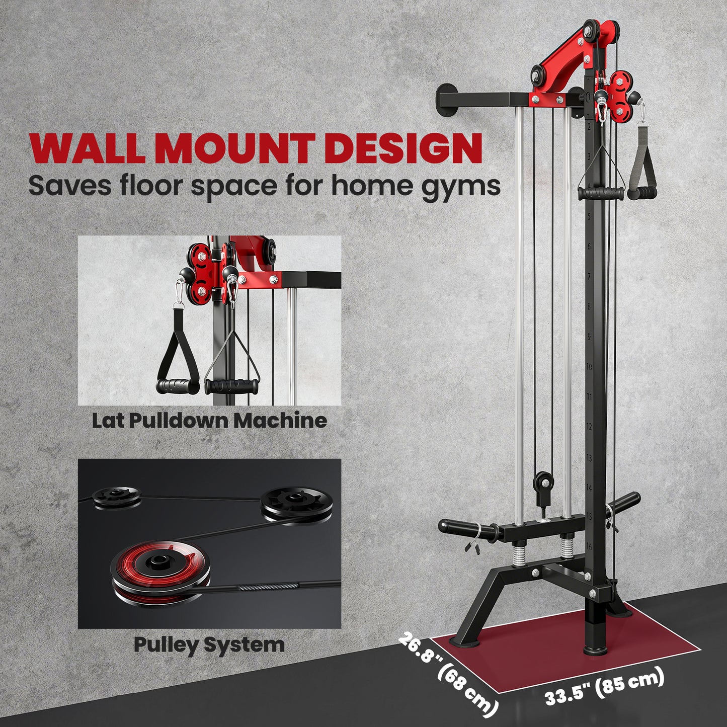 Soozier Wall Mount Cable Station, 16 Positions Adjustable Pulley Machine, Cable Crossover Machine with Handle Bar