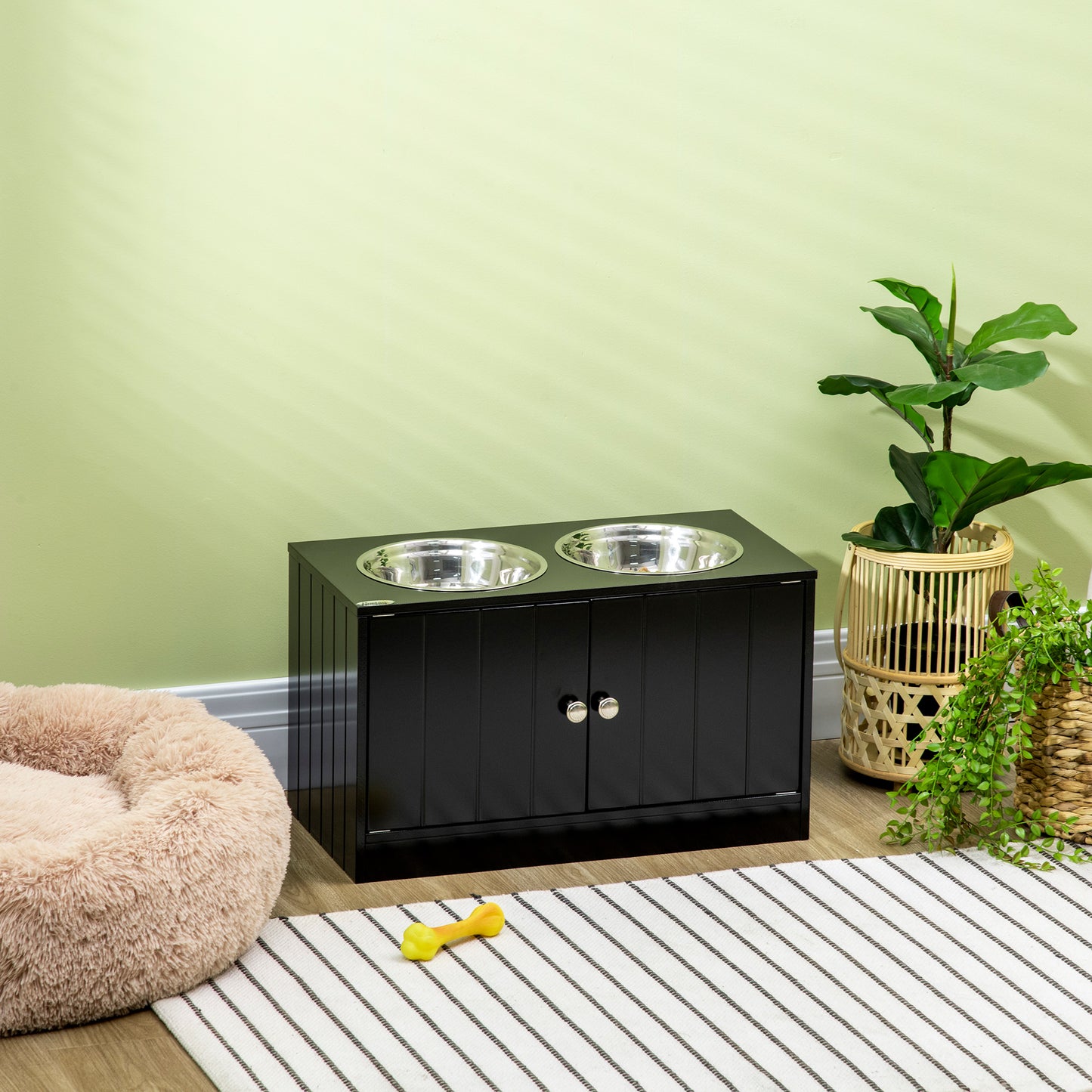 Elevated Dog Bowls for Large Dogs Pet Feeding Station with Stand, Storage, 2 Stainless Steel Food and Water Bowls, Black