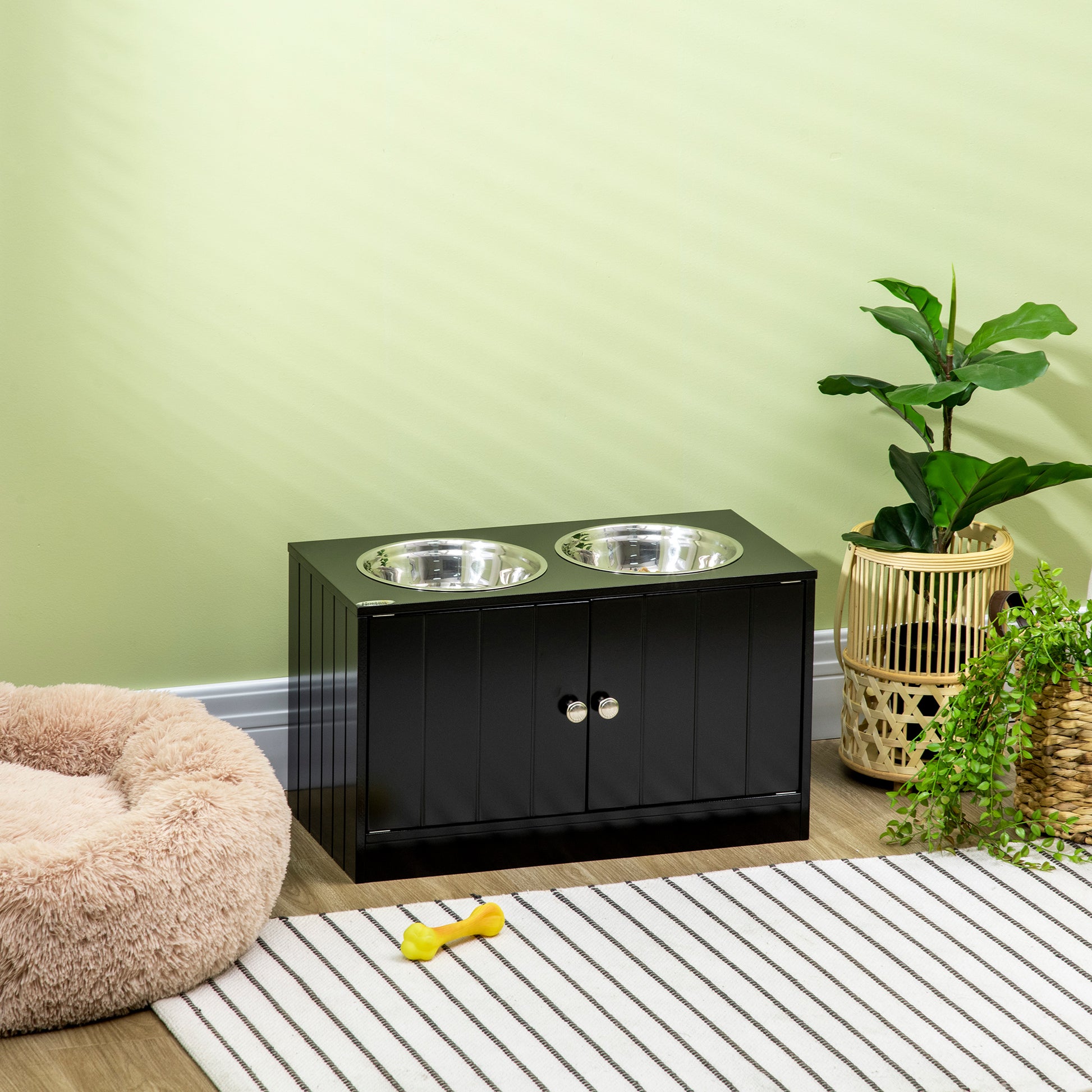 Elevated Dog Bowls for Large Dogs Pet Feeding Station with Stand, Storage, 2 Stainless Steel Food and Water Bowls, Black