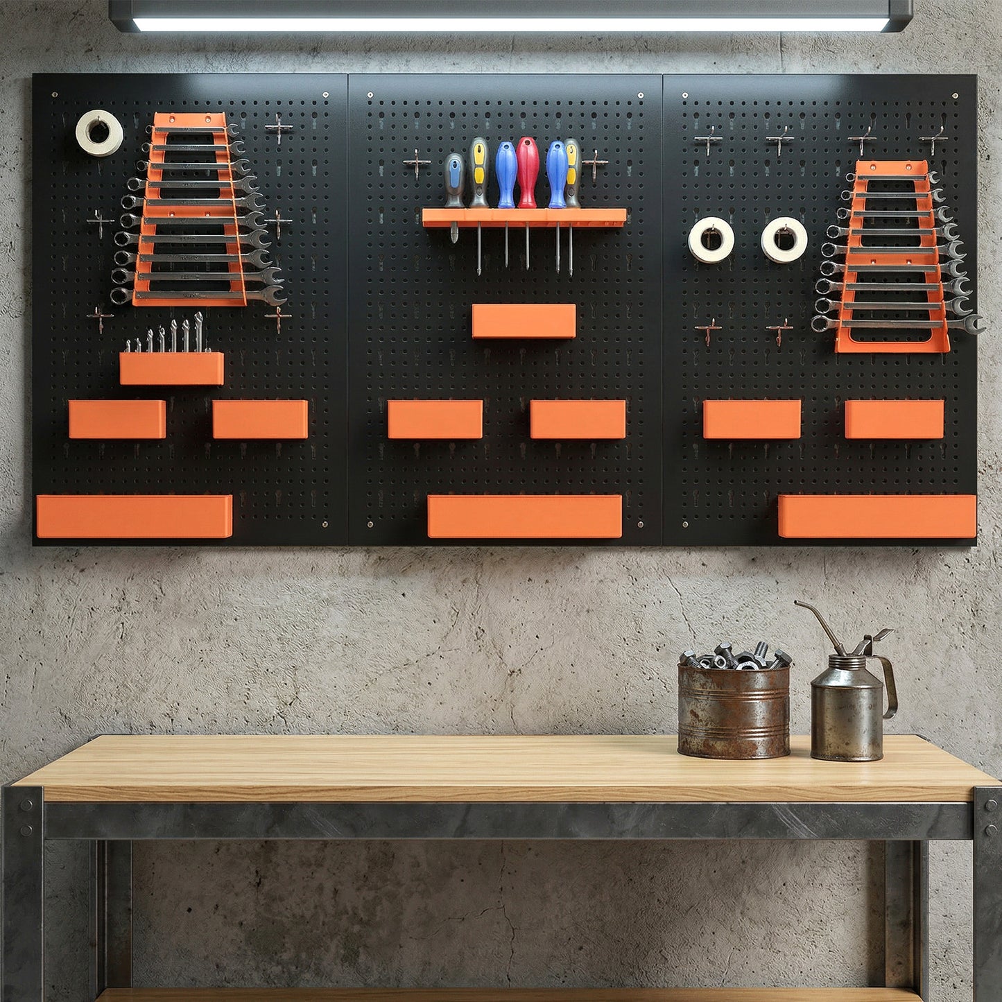 33 Piece Metal Pegboard Panels, Peg Board with 16 Hooks, Bins and Racks, Black and Orange