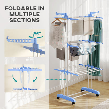 Foldable Clothes Drying Rack, 4-Tier Steel Laundry Rack for Drying Clothes with 2 Side Wings and 4 Castors, Indoor and O