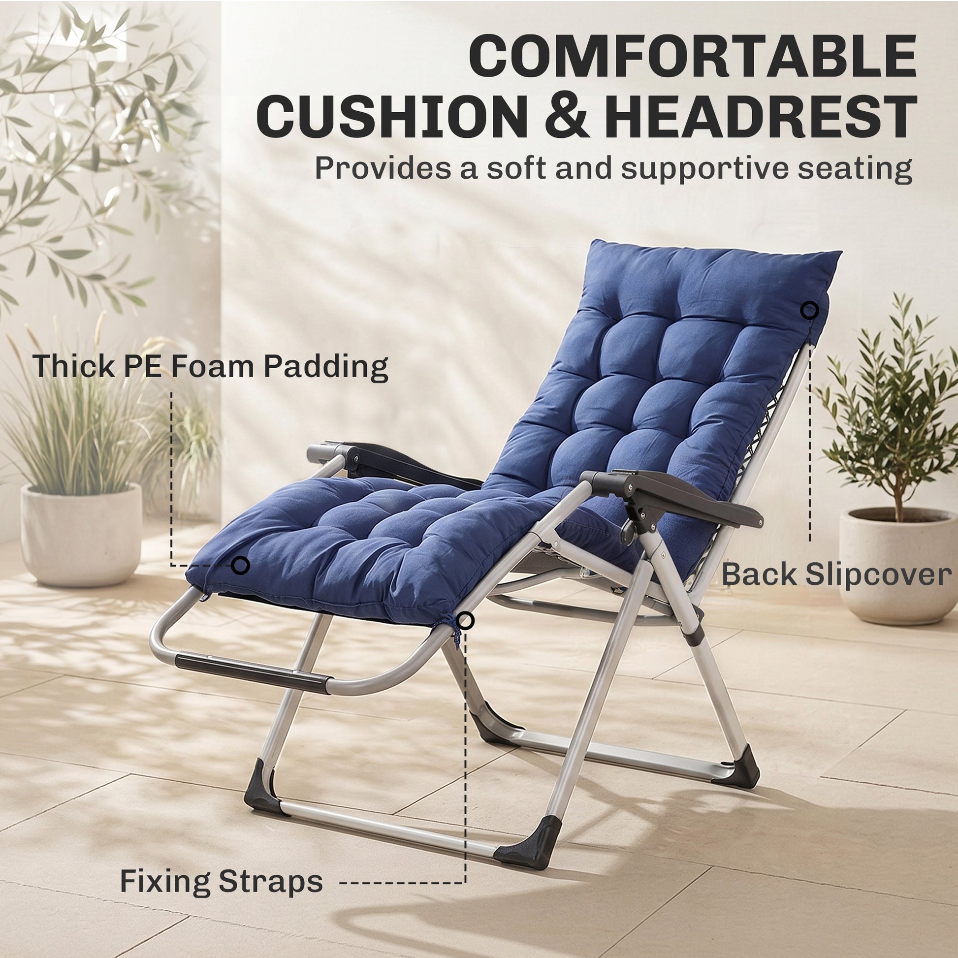 Reclining Zero Gravity Chair with Adjustable Backrest, Folding Garden Sun Lounger, Outdoor Recliner with Removable Cushi