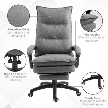 Office Chair 360° Swivel Adjustable Height Linen Style Fabric Recliner with Retractable Footrest and Double Padding, Gre