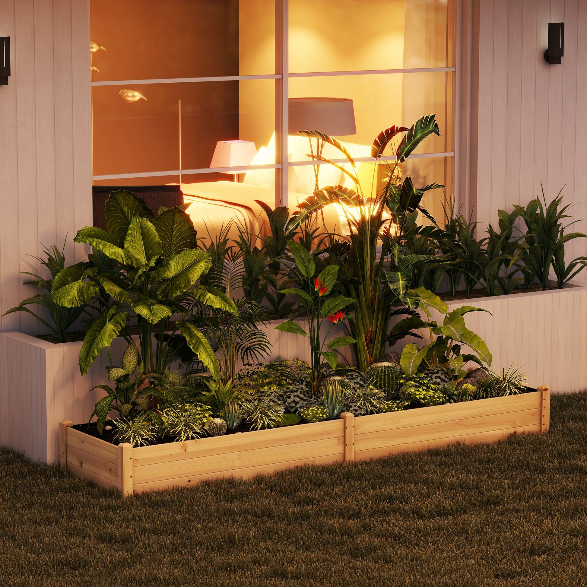 96" x 24" x 10" Wooden Raised Garden Bed with 2 Planter Box and Non-woven Fabric Liner for Backyard, Patio to Grow Veget