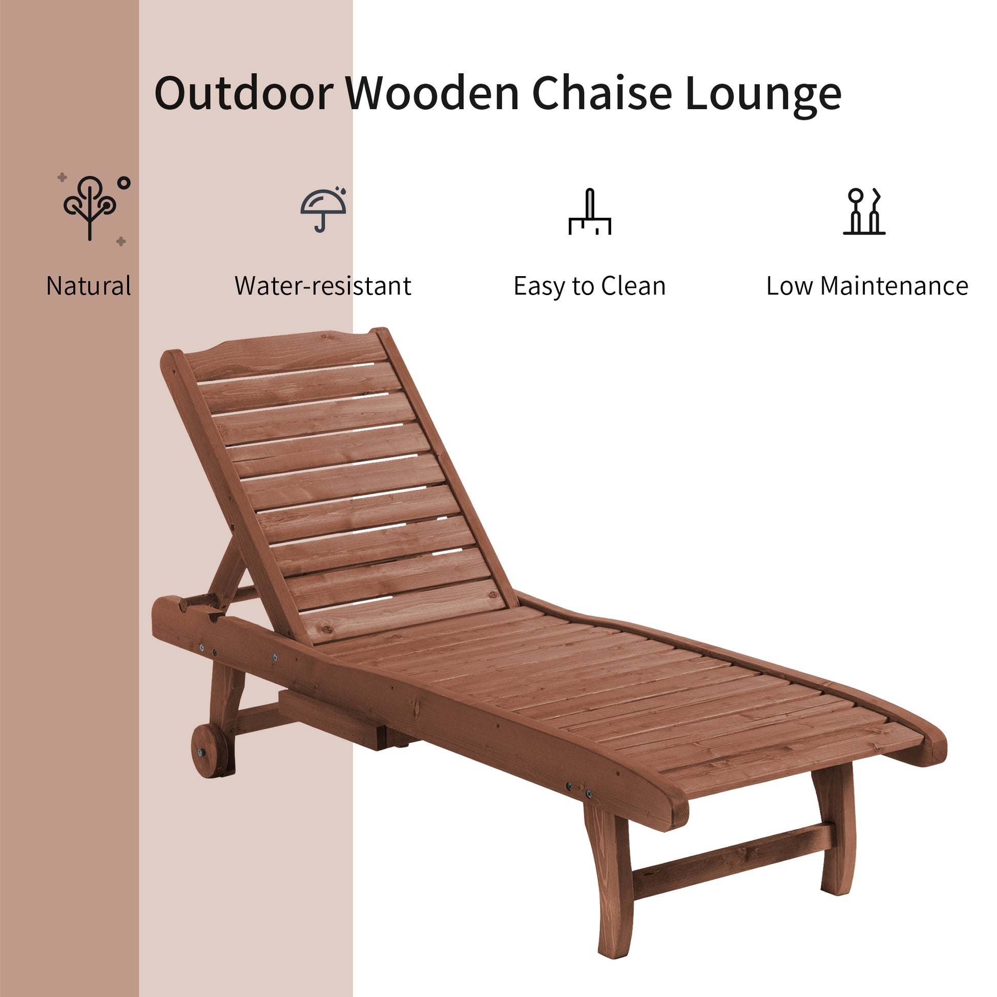 Wooden Outdoor Lounge Chair, Adjustable Patio Outdoor Chaise Recliner Garden Furniture, Tanning Chair with Pull-out Tray