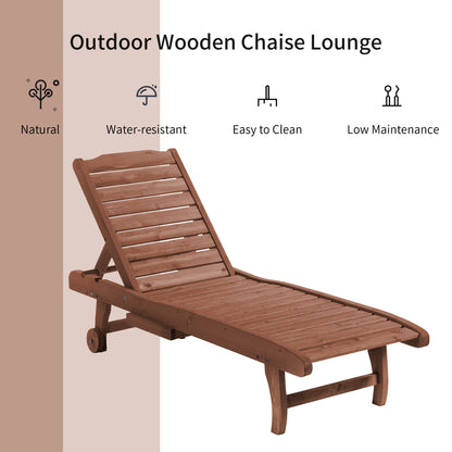 Wooden Outdoor Lounge Chair, Adjustable Patio Outdoor Chaise Recliner Garden Furniture, Tanning Chair with Pull-out Tray