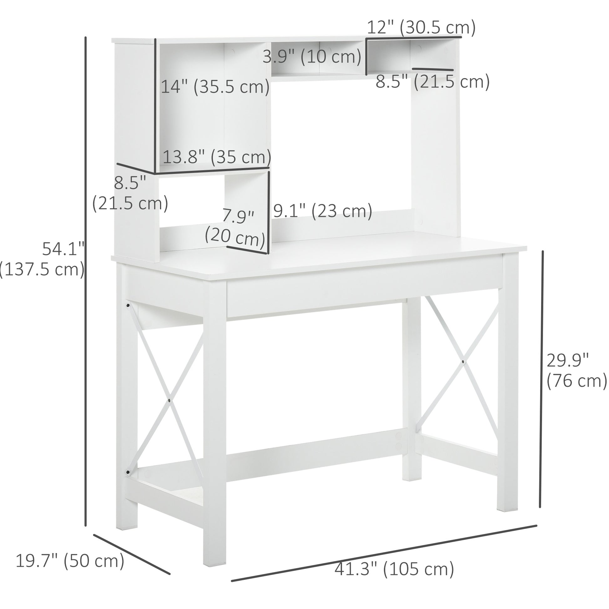 Computer Desk with Hutch, Home Office Table with Storage Shelves and Open Compartments for Writing, Work, White