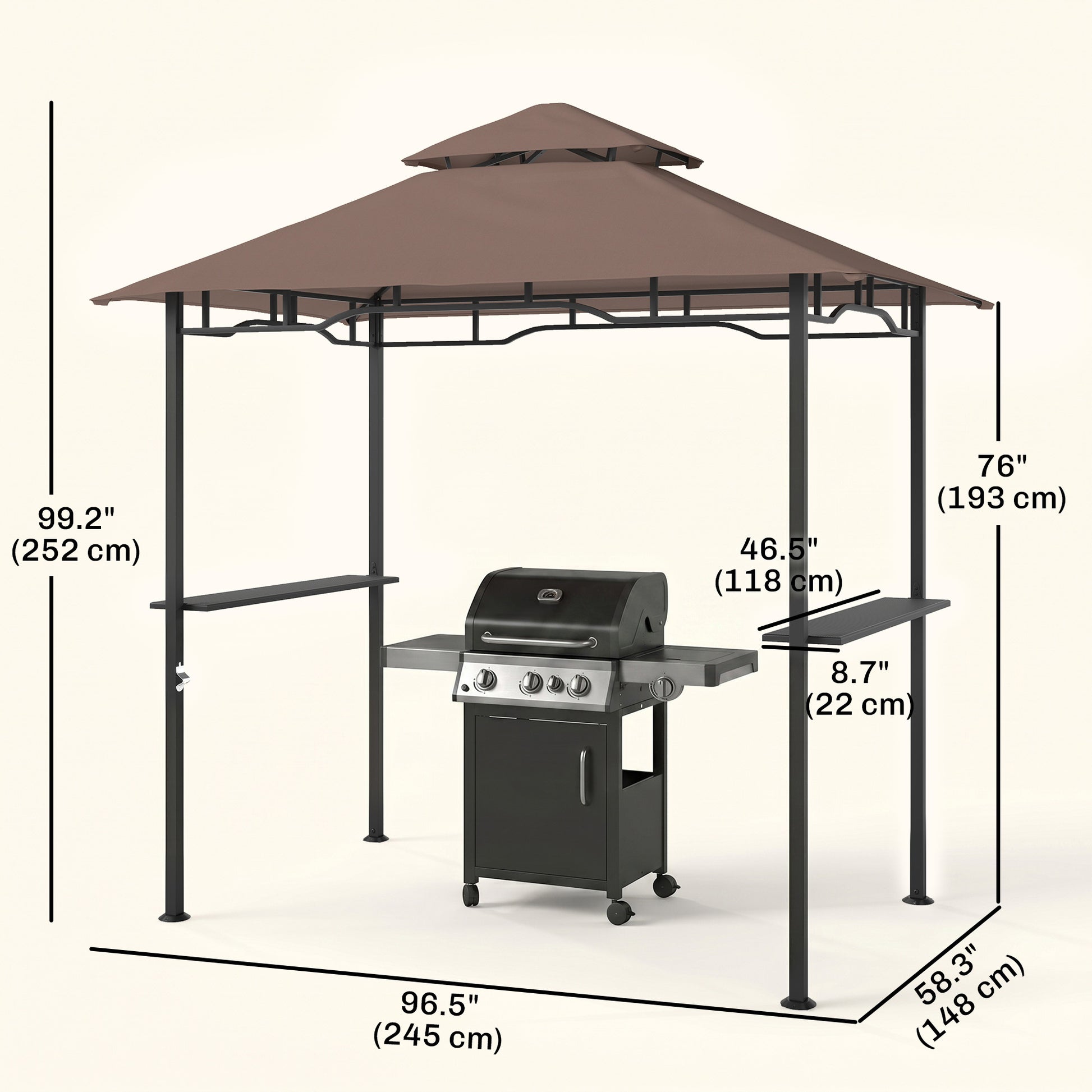 8' x 5' BBQ Grill Gazebo Tent with Double Tiered Canopy for Outdoor Sun Shade, Coffee