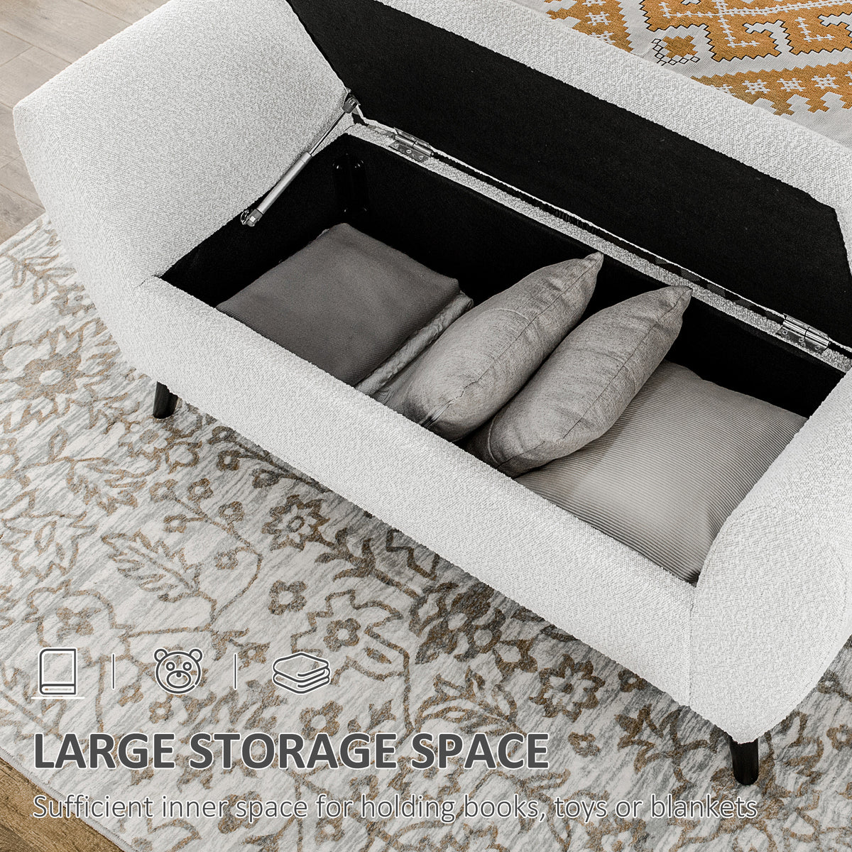 Upholstered Storage Bench with Arms, Modern Ottoman Bench for Bedroom, Entryway, and Living Room, Cream White