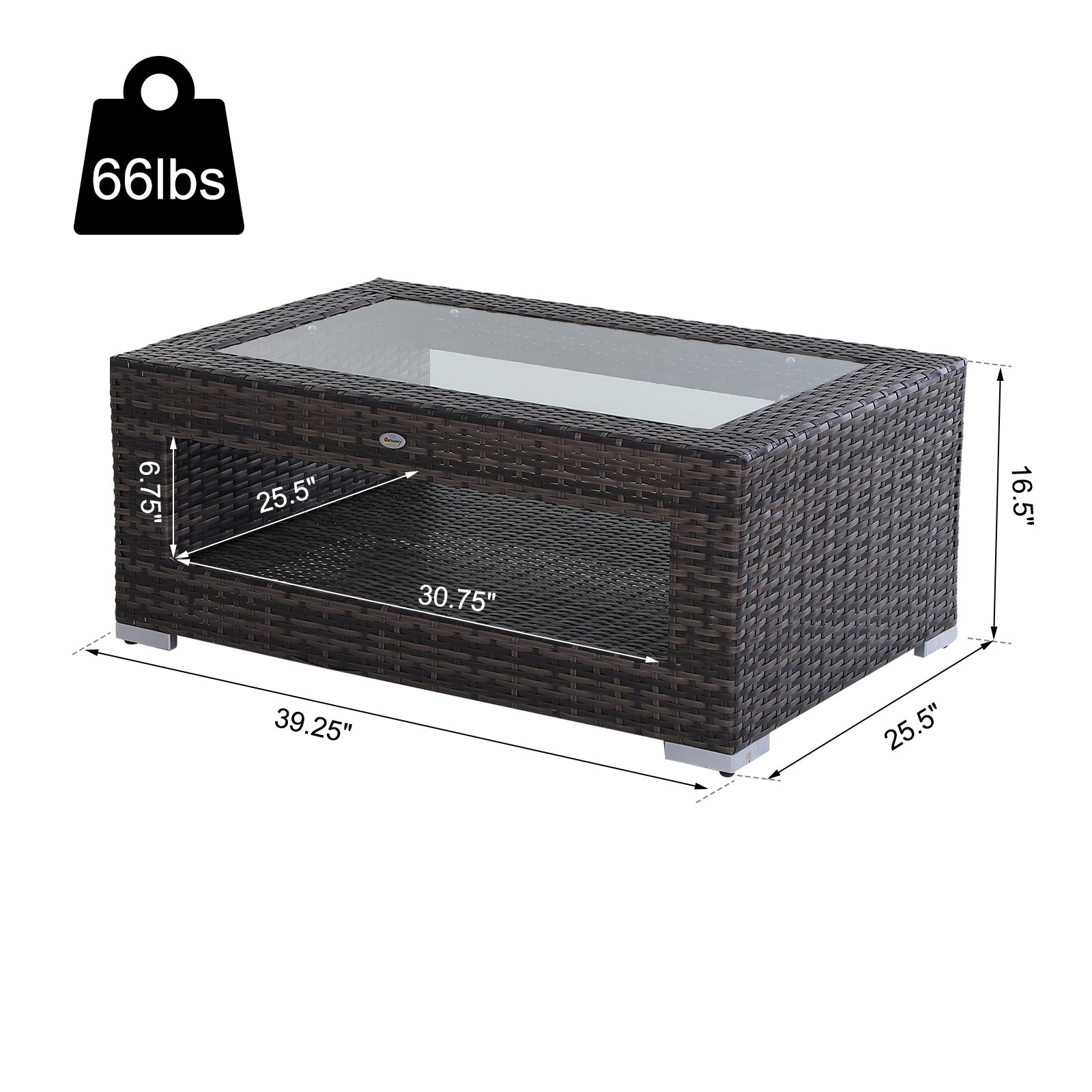 2-Tier Rattan Patio Coffee Table Wicker Patio Tea End Desk with Tempered Glass Top & Storage for Balcony, Backyard, Pool