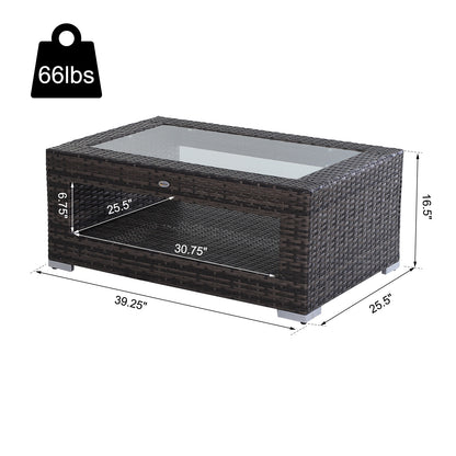 2-Tier Rattan Patio Coffee Table Wicker Patio Tea End Desk with Tempered Glass Top & Storage for Balcony, Backyard, Pool