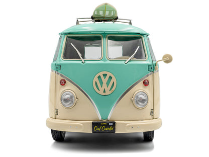2024 Volkswagen Cool Combi Van with Trailer "Long Beach Surfing Club" Mint Green and Cream with Roof Rack and Surfboard 1/18 Diecast Model Car by Solido