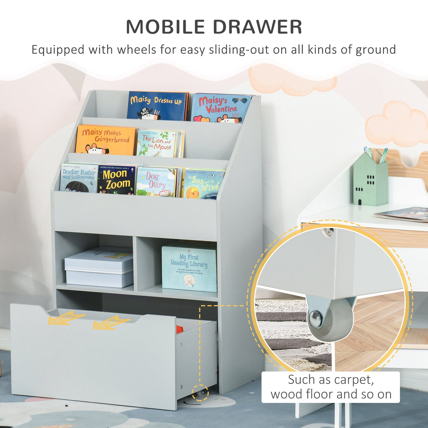Kids Bookcase Multi-Shelf Rack Organizer with Storage Drawer for Books for Reading Nook, Classroom, Bedroom, Playroom, G