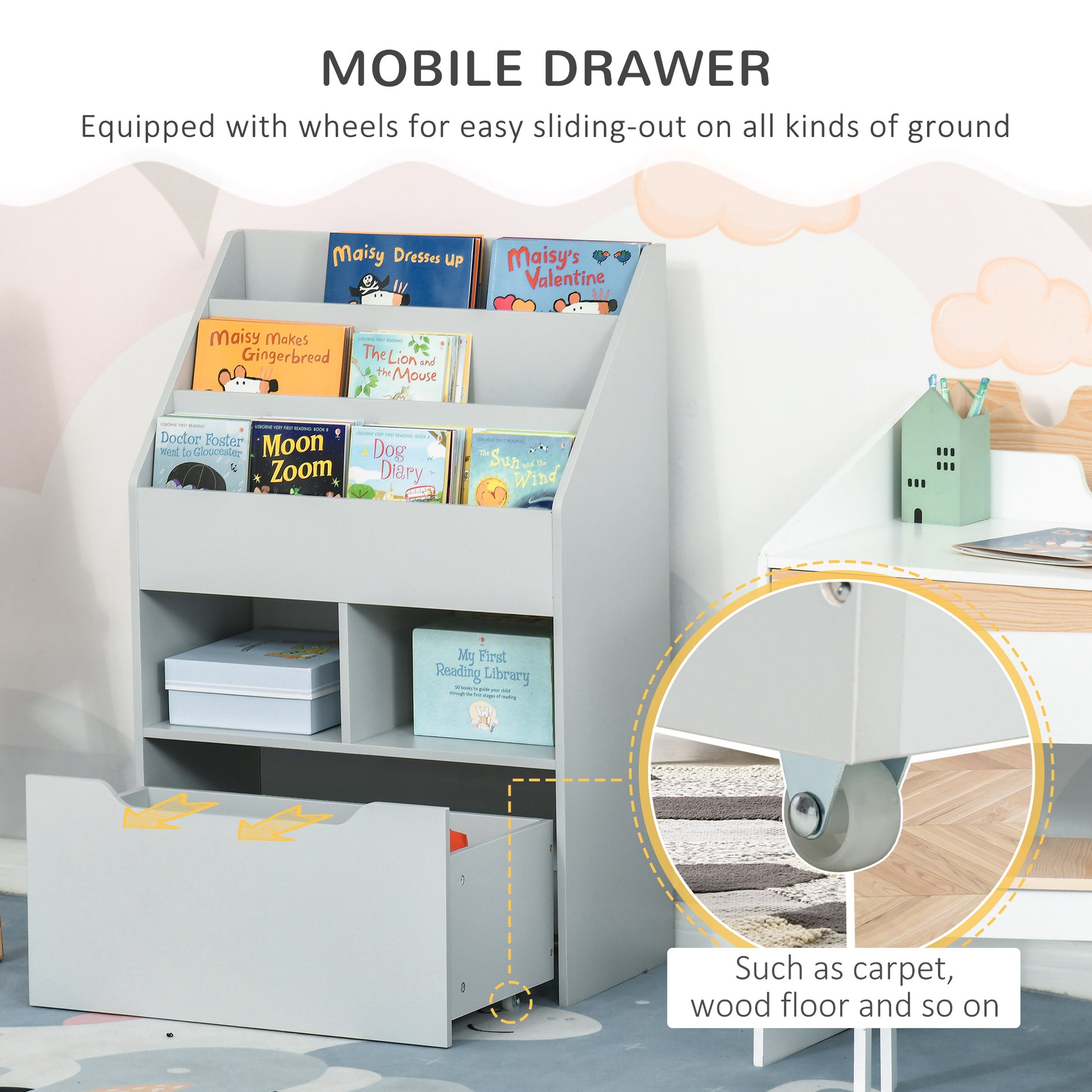 Kids Bookcase Multi-Shelf Rack Organizer with Storage Drawer for Books for Reading Nook, Classroom, Bedroom, Playroom, G