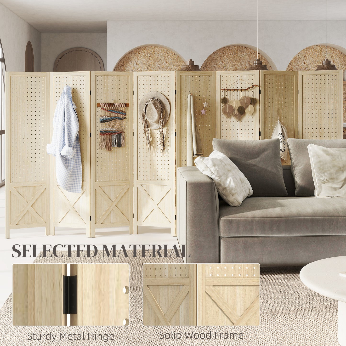 Wooden Room Divider with Pegboard Display, 8 Panel Folding Privacy Screen for Home Office, Natural Wood