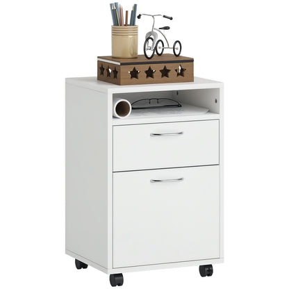 24" Small Filing Cabinet with Open Compartment, Drawer and Wheels, Home Office Storage Cabinet, White
