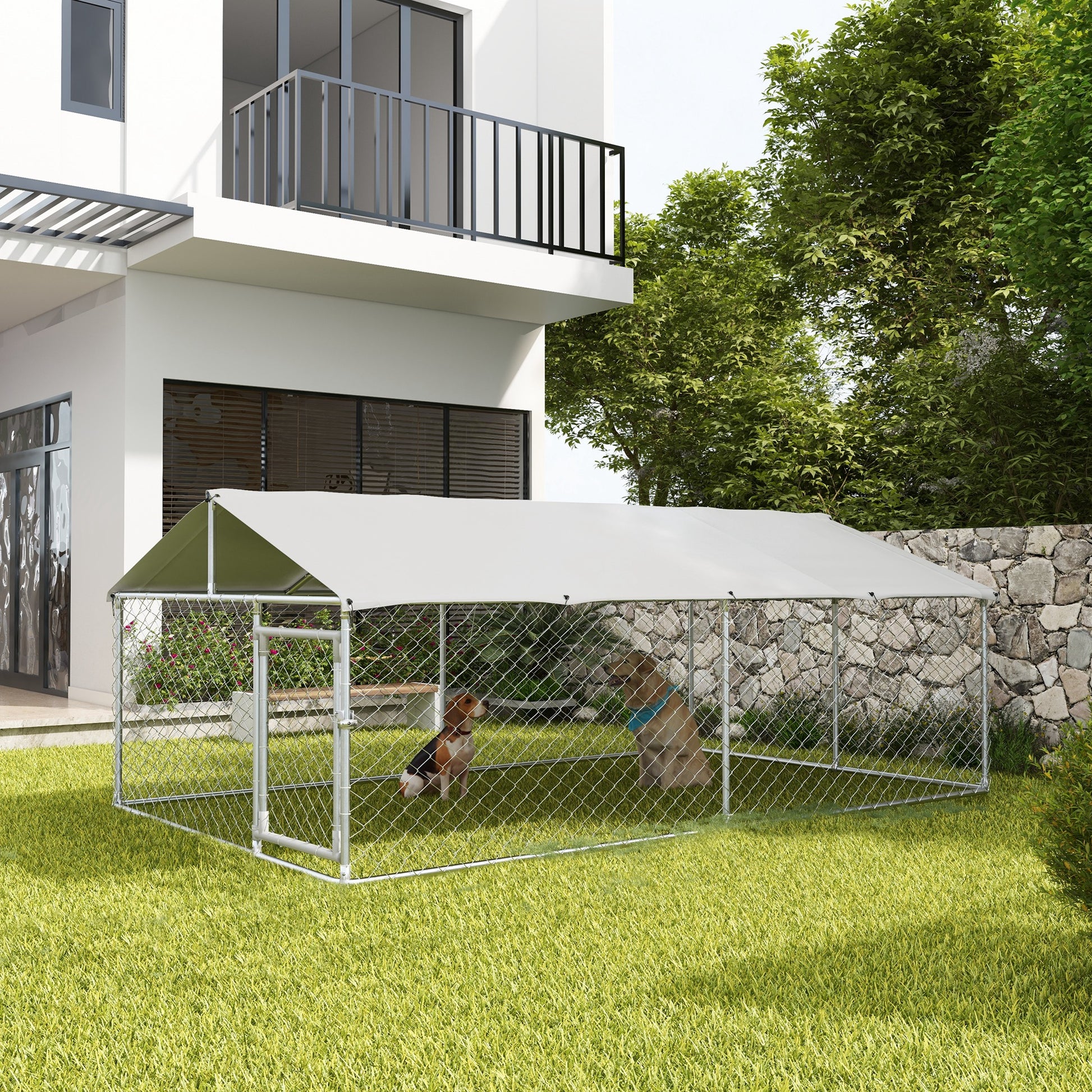 13.1' x 7.5' x 4.9' Outdoor Dog Kennel Dog Run with Waterproof, UV Resistant Cover for Medium Large Sized Dogs, Silver