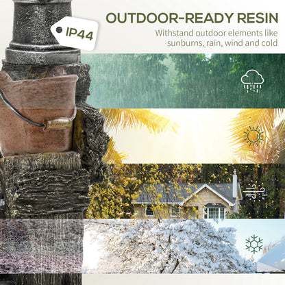 Rustic Waterfall Fountain with Old Fashion Pump Barrel Wheel, 3-Tier Cascading Outdoor Fountain with Adjustable Flow, De