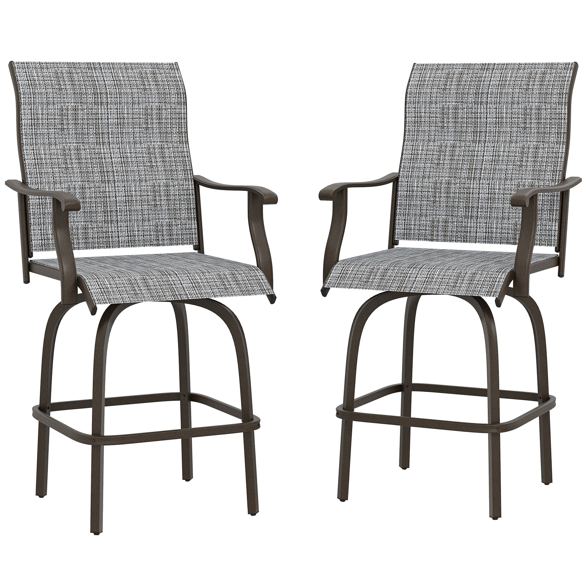 Outdoor Bar Stools Set of 2, Swivel Bar Height Chairs with High Back, Curved Armrests and Steel Frame, Mixed Grey