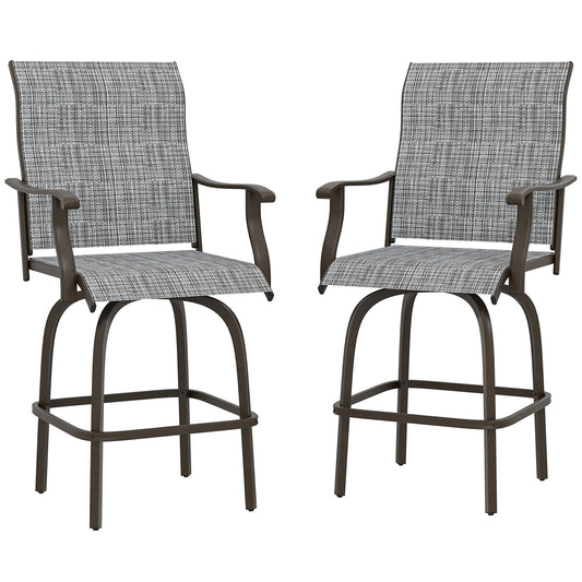 Outdoor Bar Stools Set of 2, Swivel Bar Height Chairs with High Back, Curved Armrests and Steel Frame, Mixed Grey